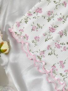 SHEIN 2pcs/Set Tween Girl Floral Pattern Ribbon Bow Ruffle Trim Camisole And Shorts Comfortable Casual Fitted Pajama Set - Pink - View 3