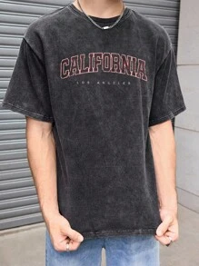 Manfinity Joysei Camiseta gráfica de California vintage oversize para hombres, de color negro mezclado, de manga corta, ideal como regalo para novio y para uso al aire libre. Camiseta vintage de California, camiseta con eslogan de California para hombres