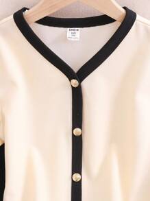SHEIN 2pcs Tween Girl Contrast Color V-Neck Short Sleeve Shirt And Casual Pants Set,Kids - Apricot - View 3