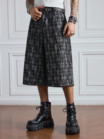 Prep Pantalones capri casuales de hombres con estampado de cuadros y encaje