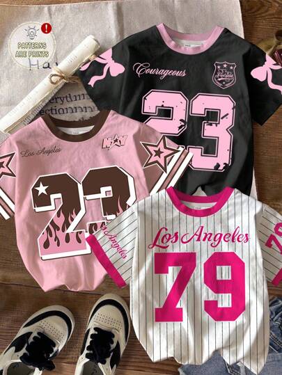 Tween Girls 3-Pack Casual Sweet Bow & Numeric 23 Graphic Tees, Racing Ball "Los Angeles" Numeric 79 Print Short Sleeve Round Neck T-Shirts, Suitable For Back To School, Graduation Season, Summer Baseball Shirts For Girls Jerseys For Tween Girls Teen Girls Jersey Girls Jersey Pink Jersey
