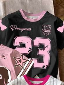 青少年女孩 3 件装休闲甜美蝴蝶结和数字 23 图案 T 恤，赛车球“洛杉矶”数字 79 印花短袖圆领 T 恤，适合返校季、毕业季、夏季 - 彩色 - 查看 6