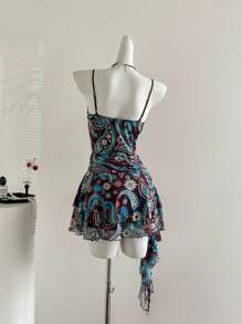 Sweetra Vintage Print Asymmetrical Hem Mini Dress - Coffee Brown - View 2