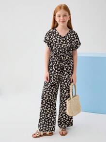 SHEIN 青少女雛菊圖案V領半扣連身褲，配可拆式腰帶