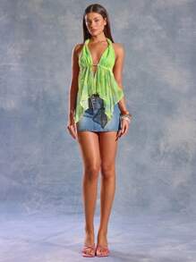MUSERA Top con scollo a barchetta legato al collo, con paillettes, orlo asimmetrico, adatto per primavera, estate, outfit Ibiza, stile Y2K, outfit per ragazze cool, festival, rave, vacanze, uscite in club, carino