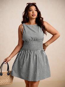 Elaquor Plus Size Summer Casual Gingham Waist Strap Midi Dress,Business Casual Woman - Black and White - View 3