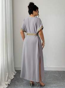 Elenzga Plus Size Women Gold Lace Trim Tie Waist Casual Loose Straight Dress Side Slit