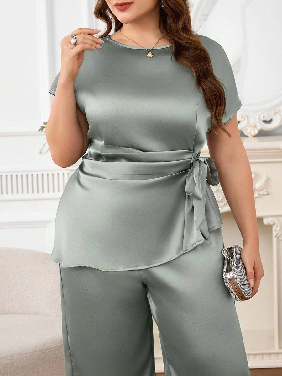 SHEIN Clasi 大码女装夏季优雅纯色蝙蝠袖褶皱腰上衣和阔腿裤套装 - 薄荷綠 - 查看 1