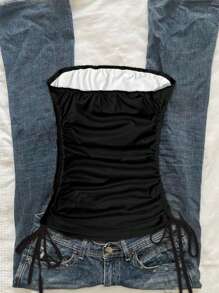 Attitoon Women's Punk Style Retro Splatter Paint Skull Print Cropped Tube Top With Tie Front, Suitable For Summer Music Festivals Back To School Skeleton Tube Top Gothic Clothing Edgy Clothes Woman - Multicolor - View 2