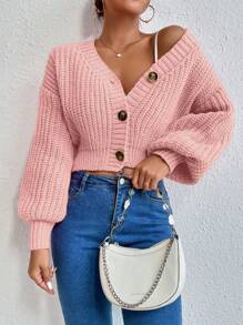 EMERY ROSE Women's Solid Color Drop Shoulder Long Sleeve Single Breasted Casual Loose Cardigan Fall Winter Cloth For Women - Baby Pink - View 3
