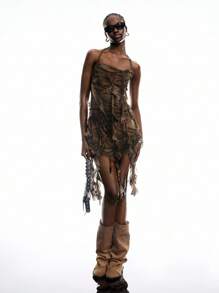 LYSMO 2025 New Arrival Spring-Summer Women's Post-Apocalyptic Style Vintage Distressed Tie-Dye Print Ruffled Asymmetrical Long Slim Halter Neck Camisole For Vacation Outfits And Vintage Casual Partywear