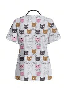PopScrub Casual Minimalist Scrub Uniform Top With Cute Cat Print - Multicolor - View 2