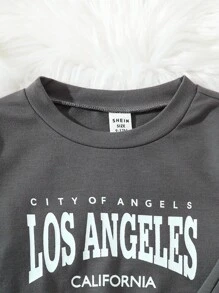 SHEIN Playful Pals Set de 2 piezas de parte superior de manga larga con cuello redondo con gráfico de letras y pantalones deportivos casuales para niños/niñas pequeños, adecuado para uso diario, festivales, ropa deportiva, ropa de calle para bebés, conjunto de chándal para bebé niño, ropa de otoño e invierno - Gris Oscuro - Ver 7