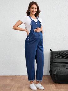 SHEIN 孕妇时尚无袖休闲牛仔背带裤夏季连体裤 - 深色水洗藍 - 查看 4