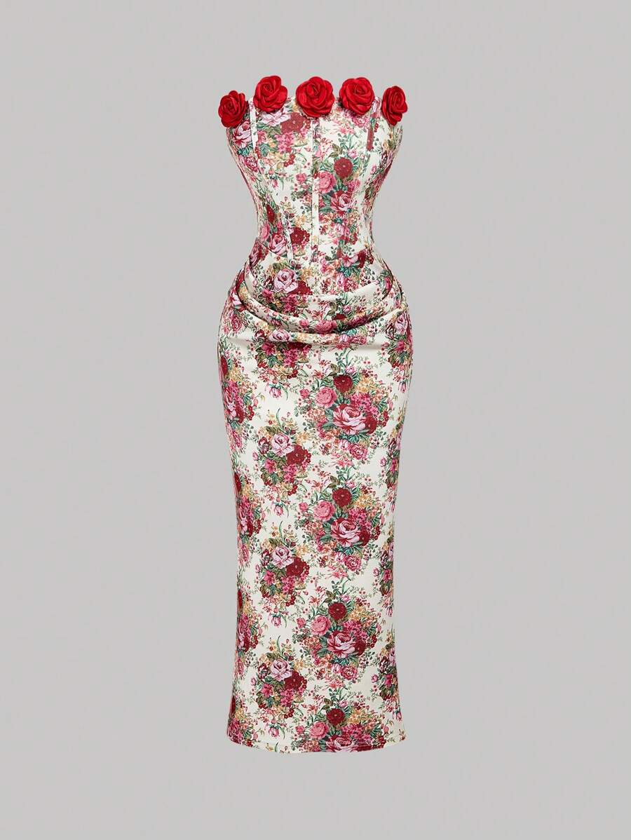 SHEIN MOD 红色 3D 花卉装饰复古油画花卉图案褶皱紧身中长连衣裙 - 非常适合女士婚礼宾客礼服、返校节、宫廷风格、生日礼服、巡航礼服、约会、派对、节日、茶会和舞会的分层服装 - 彩色 - 查看 1