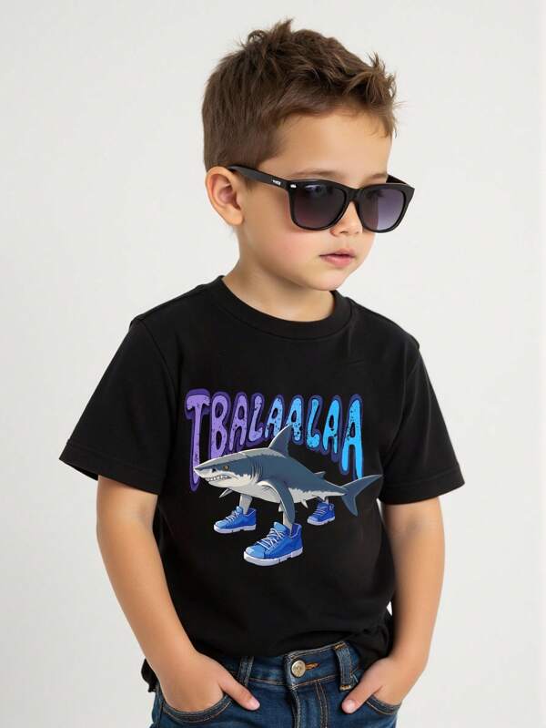 GraphicGems Young Boy Funny Shark Print Casual Crew Neck Short Sleeve Black T-Shirt, Summer Shark T-Shirt