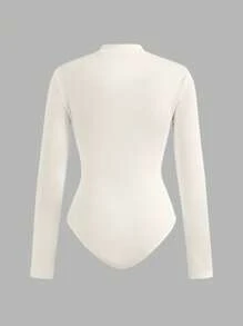 SHEIN EZwear 2pcs Women Casual Stand Collar Half Zip Front Skinny Bodysuit Set, Ribbed Fabric, Riding Horse Logo Print Autumn And Winter