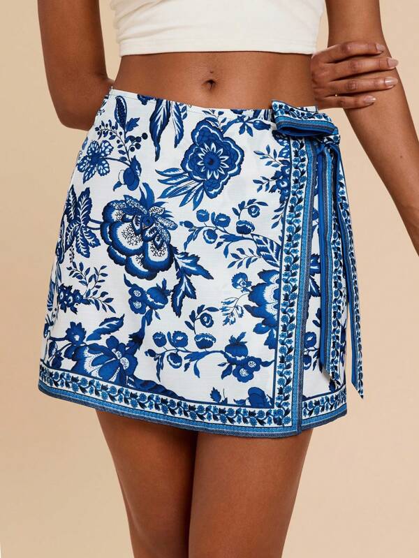 Travachic Blue And White Boho Animal Print Mini Wrap Skirt With Woven Fabric