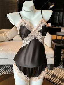 SHEIN 2pcs/Set Sexy Satin Lace Patchwork V-Neck Cami Top And Ultra Short Shorts Sleepwear Set Black Satin Pj Set Lace Trim Satin Sleepwear - Black - View 5