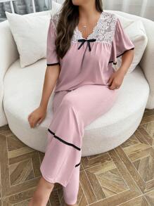 SHEIN Conjunto de pijama de top y pantalones de encaje y parches de talla grande - Rosa vieja - Ver 4