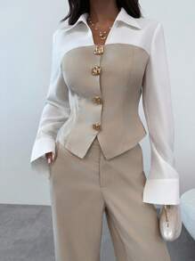 Firerie Casual And Elegant Apricot Imitation Linen Patchwork Shirt And Loose Straight Suit Pants Two Pieces Suit For Women / Fall Women Clothes / Commuting Wear / Teacher Clothing / Back To School Season / Old Money / Business Casual Woman / Office Attire For Women - Apricot - View 4