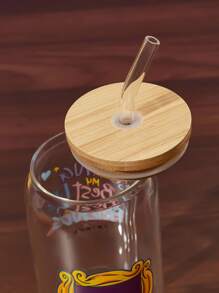 FRIENDS X SHEIN 1 pieza Vaso de vidrio de 500ml/17.6oz con diseño gráfico de café (incluye cepillo de limpieza para la pajita). Puede usarse para bebidas frías y calientes, tazas de café, tazas de leche, tazas de jugo, con marco morado