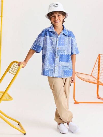 SHEIN 青少年男孩休闲宽松舒适图案 Polo 衫