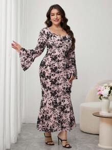 Modelyn Vestido elegante con efecto de sirena, apretado, con encaje y mangas acampanadas, para tallas grandes, para primavera/verano - Rosa - Ver 7