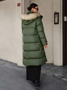 CLARA VERO Casual Style, Premium Quality, Fur Detailed Long Line Bonded Winter Coat - Khaki - View 2