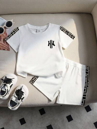 SHEIN Playful Pals Toddler Boys Plaid Patchwork Graphic Round Neck Short Sleeve T-Shirt And Shorts White Set  White Baby Boy Summer Set