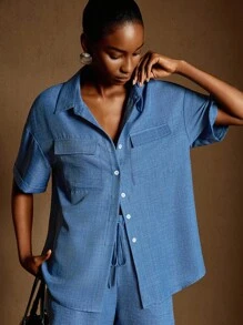 Écloséra French Simple Casual Blue Basic Shirt Women's Button Shirt + Blue Elastic Waist Casual Women's Shorts Spring And Summer Comfortable Women's Two-Piece Set Women's Casual Suit