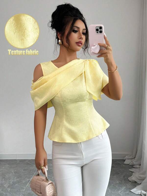 Elenzga Women Elegant Mango Yellow Jacquard Waist-Cinched Princess Asymmetric Shoulder Tie Blouse