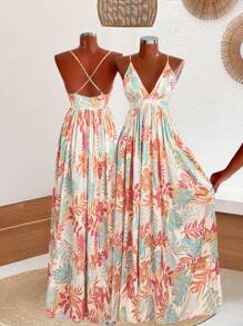 SHEIN VCAY Plus Size Boho Floral Plant Print Deep V-Neck Sleeveless Summer Dress, Mother Day Outfit, Vacation Outfits Woman, Rave Outfit, Western Wear Women Plus