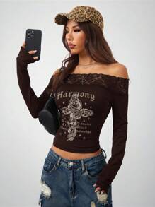 Mystic heart Coolane Maglietta da donna a spalle scoperte, con grafica a croce, stile witchy goth, effetto patchwork in pizzo, adatta per festival di musica primaverili