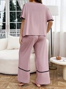 SHEIN Conjunto de pijama de top y pantalones de encaje y parches de talla grande - Rosa vieja - Ver 2