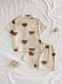 SHEIN Baby Boy Cute Watermelon Print Short Sleeve Top And Shorts Set, Casual Summer Outfit