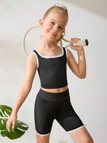 SHEIN Young Girls' Athleisure Set, High-Stretch, Black Fitted Tank Top, White Bow Decor + Elastic Waist Skinny Leggings, Soft, Comfortable, Casual, Suitable For Leisure, Outdoor Sports, And Various Casual Occasions