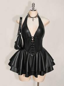 SHEIN ICON 加大码女式 Y2k 时尚辣妹演唱会女装俱乐部派对节日狂欢装 Y2k 外出交叉带 PU 皮革露背迷你吊带黑色连衣裙 - 黑色 - 查看 1