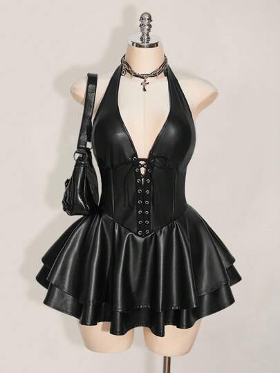 SHEIN ICON Vestido mini negro con espalda abierta, correas cruzadas y cuello de halter de piel sintética (PU) para mujer talla grande, estilo de moda Y2K para concierto, club, fiesta, festival y salir