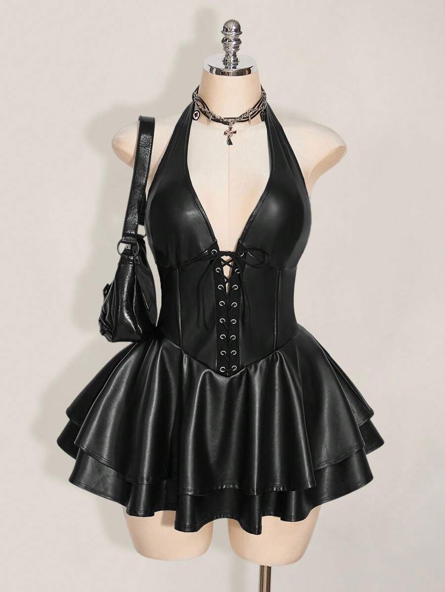 SHEIN ICON 加大码女式 Y2k 时尚辣妹演唱会女装俱乐部派对节日狂欢装 Y2k 外出交叉带 PU 皮革露背迷你吊带黑色连衣裙 - 黑色 - 查看 1