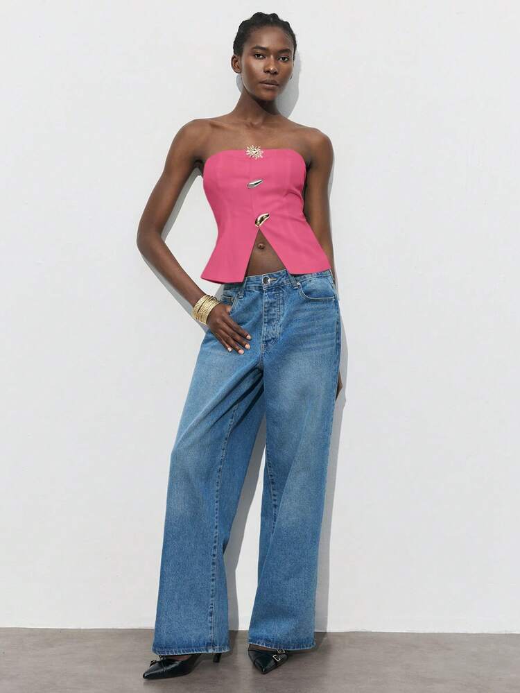 SHEIN Maija レディース メタルバックル ワイドヘム バンドゥトップ、アーバンシック ビジネスカジュアル、クリスマス、ハロウィン、パーティー&集まりに、秋に適しています