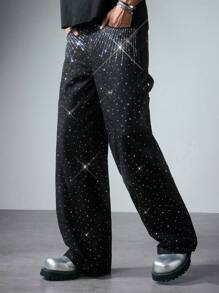 ROMWE MEN Street Life Men's Fashionable Washed Distressed Rhinestone Straight-Leg Jeans