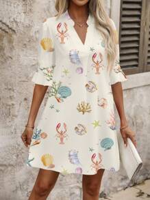 SHEIN Clasi Meeres-Muschelprint Urlaubs Kurzkleid für Damen mit Urlaubsstimmung - Aprikosenfarben - Übersicht 3