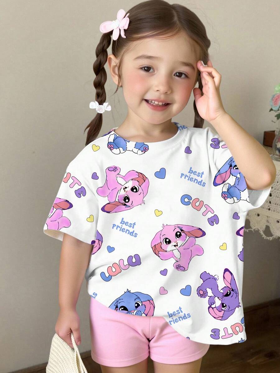 SHEIN Young Girl Casual Cute Cartoon Rabbit, Letter & Heart Print Short Sleeve Round Neck T-Shirt, Girl Toddler Summer Versatile T-Shirt - Multicolor - View 1