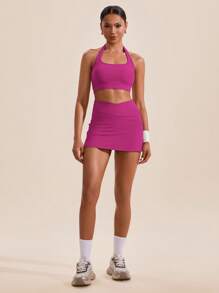 VARSIVA Setelan Olahraga Wanita Atasan dan Bawahan Kasual Model Halter-Neck Warna Polos - Hot Pink - View 6