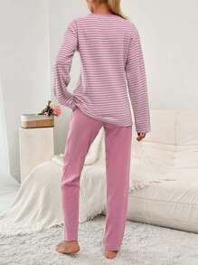 EURMUSE 100%Cotton Embroidery Cartoon & Letter Pattern Striped Lounge Set - Pink - View 2
