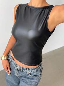 Aloruh Women's Elegant Black PU Backless Tank Tops,Summer Seksi Chic Club Y2K Millennium Music Festival Outing Style,Old Money Streetwear Punk Office Tops - Black - View 6