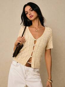 Poéselle Women Solid Color Short Sleeve Single-Breasted Hollow-Out Knit Cardigan - Apricot - View 7