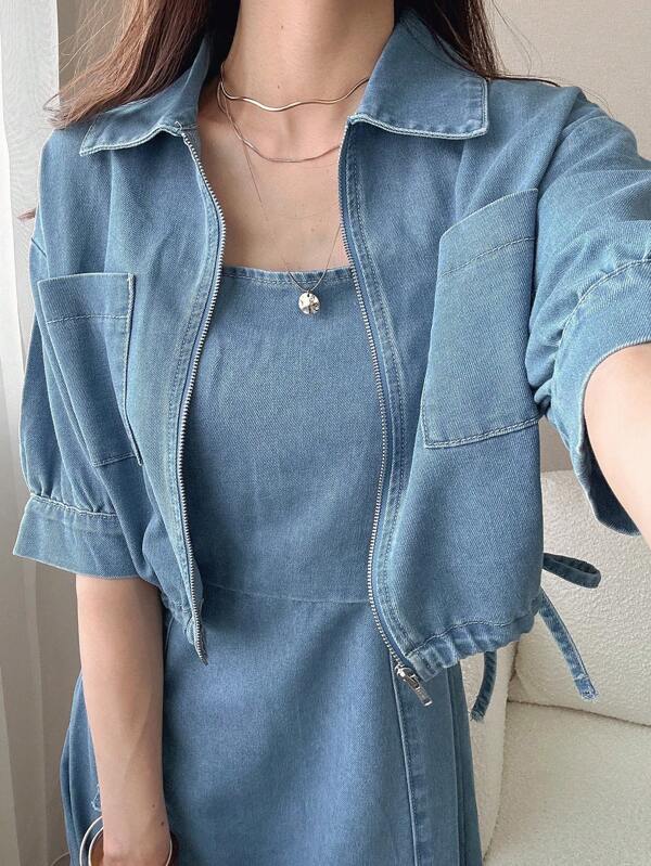 FRIFUL Women's Summer Short Sleeve Zip Front Pocket Top And Denim Skirt Casual 2-Piece Set