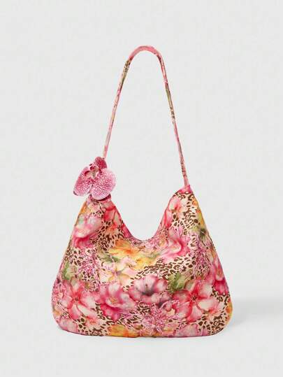Fairycore 1pc Leopard Print Orchid Decor Large Capacity Shoulder Tote Bag, Suitable For Camping, Travel, Shopping, School, Work And Other Occasions